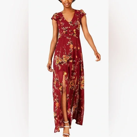 Crystal Doll | Dresses | Nwt Crystal Doll Womens Maroon Slitted Sheer  Floral Maxi Dress Sz 5 | Poshmark